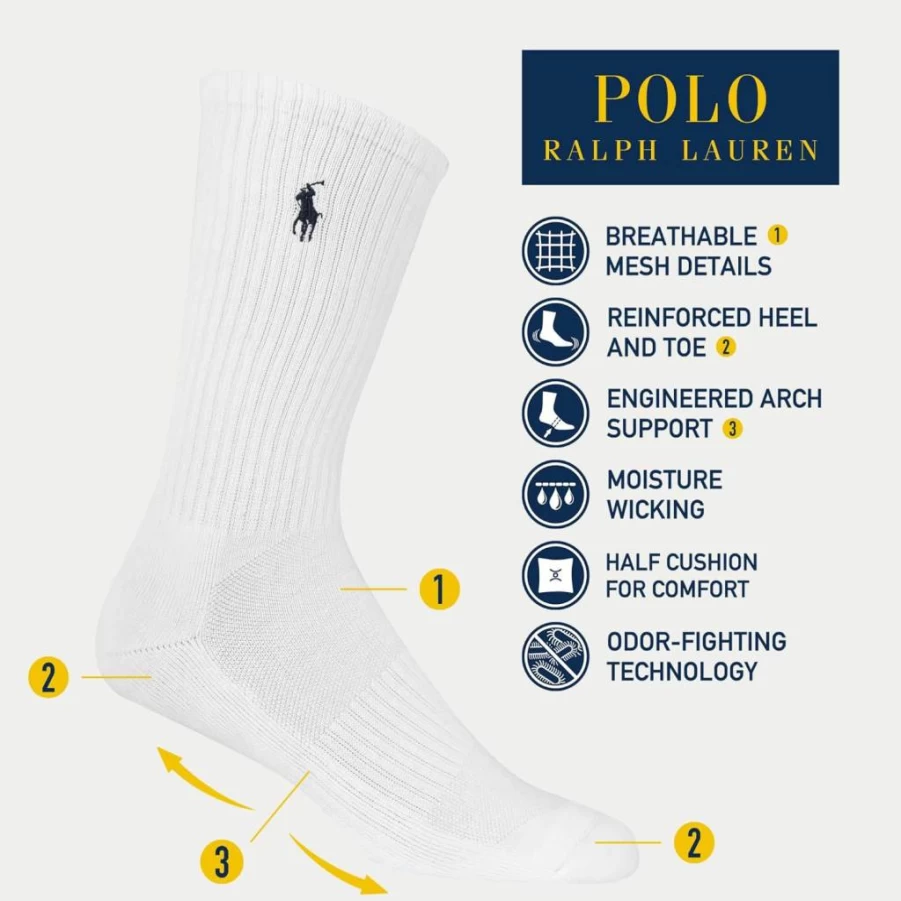 POLO RALPH LAUREN Men's Athletic Cotton Crew Socks 6-Pack - Classic Sport Cushioned Comfort for Everyday Wear
