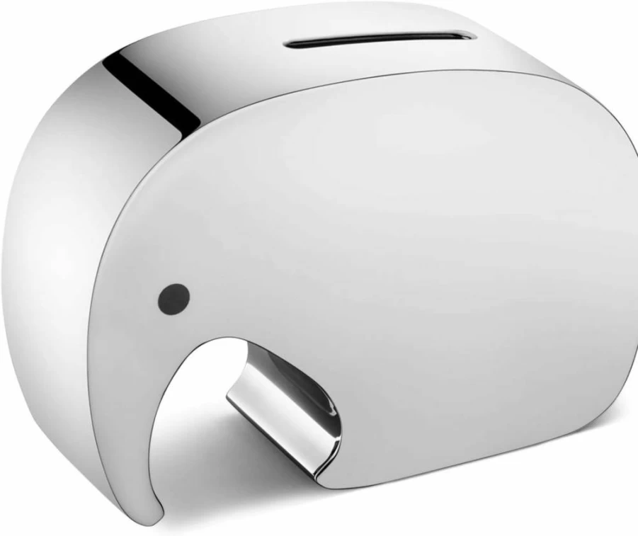 Georg Jensen Elephant Money Bank - Stainless Steel with 2 Oak Puzzle Pieces, Collectible Savings Box