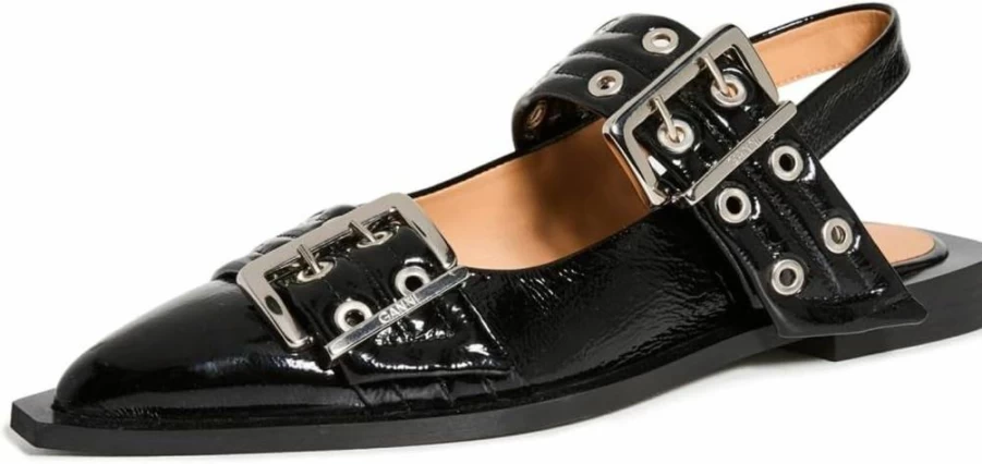 Ganni Women's Leather Buckle Strap Ballet Flats - Wide Fit Comfortable Ballerina Shoes
