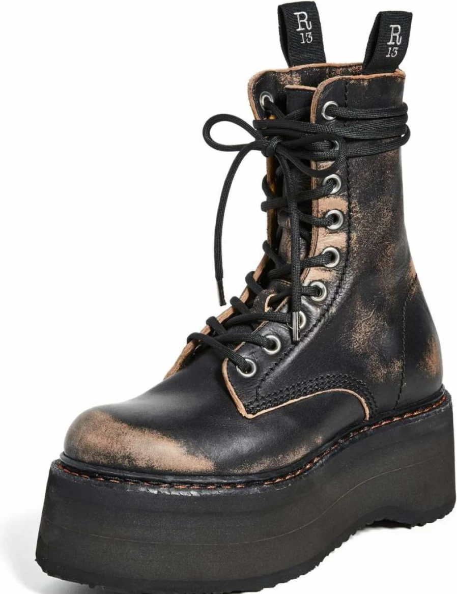 R13 Women's Double Stacked Lace-Up Combat Boots Chunky Heel Ankle Booties