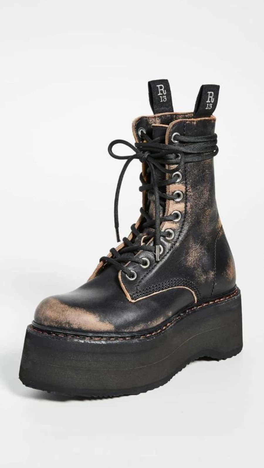 R13 Women's Double Stacked Lace-Up Combat Boots Chunky Heel Ankle Booties