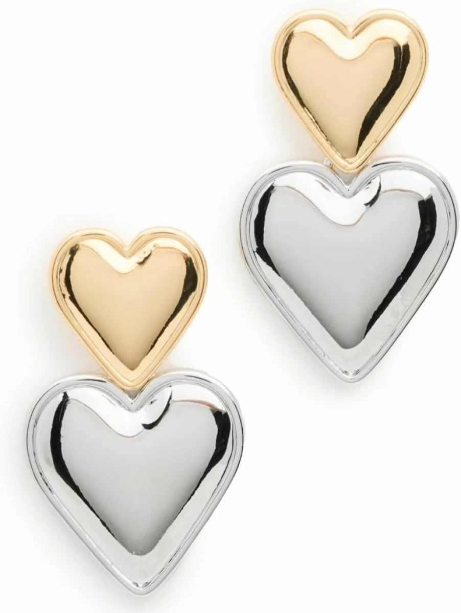 ADINA EDEN Women's Two-Tone Double Heart Drop Stud Earrings - Gold & Silver Romantic Jewelry Gift