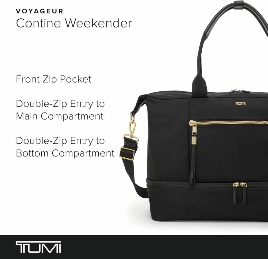 TUMI Voyageur Continental Weekender Bag for Women - 14" Laptop Compatible - Multiple Compartments & Pockets - Black with Gunmetal Hardware - Premium Travel Weekend Bag