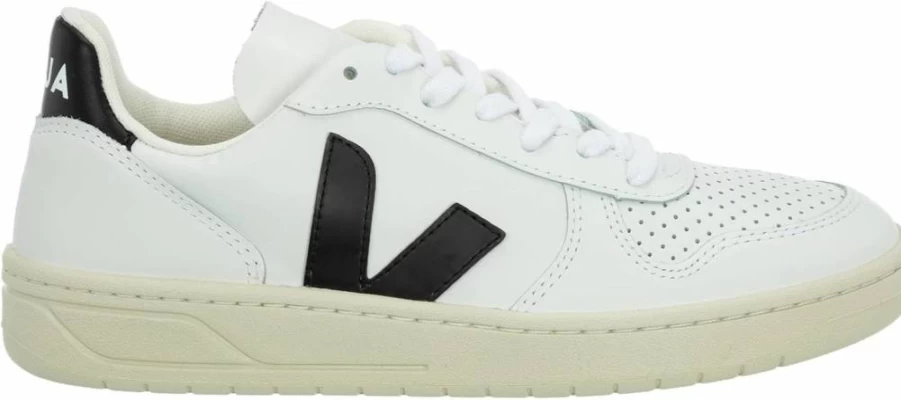 Veja Women's V-10 Sneakers in Extra White & Black - Size 7 US Medium - Sustainable Lace-Up Casual Shoes