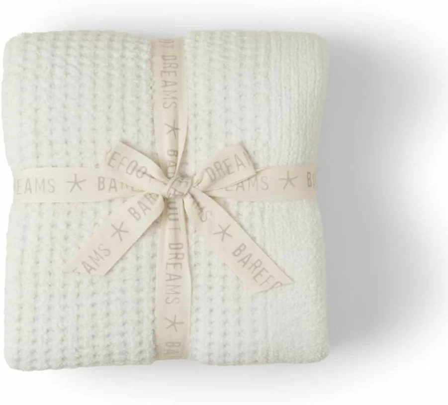 Barefoot Dreams Cozychic Waffle Throw Blanket for Women - Soft Plush Off White Cream Luxury Throw - One Size Cozy Sherpa Waffle Weave