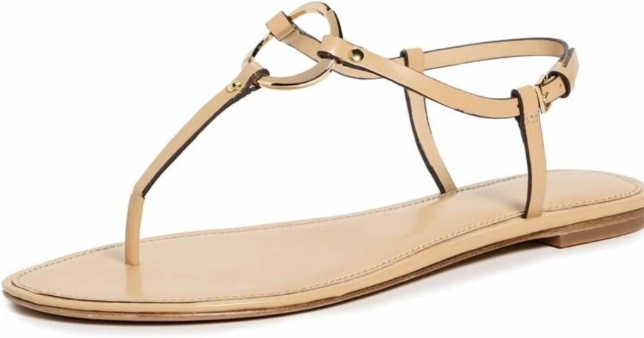 Tory Burch Women's Leather Ring Detail Slide Sandals – Comfortable Flat Summer Shoes