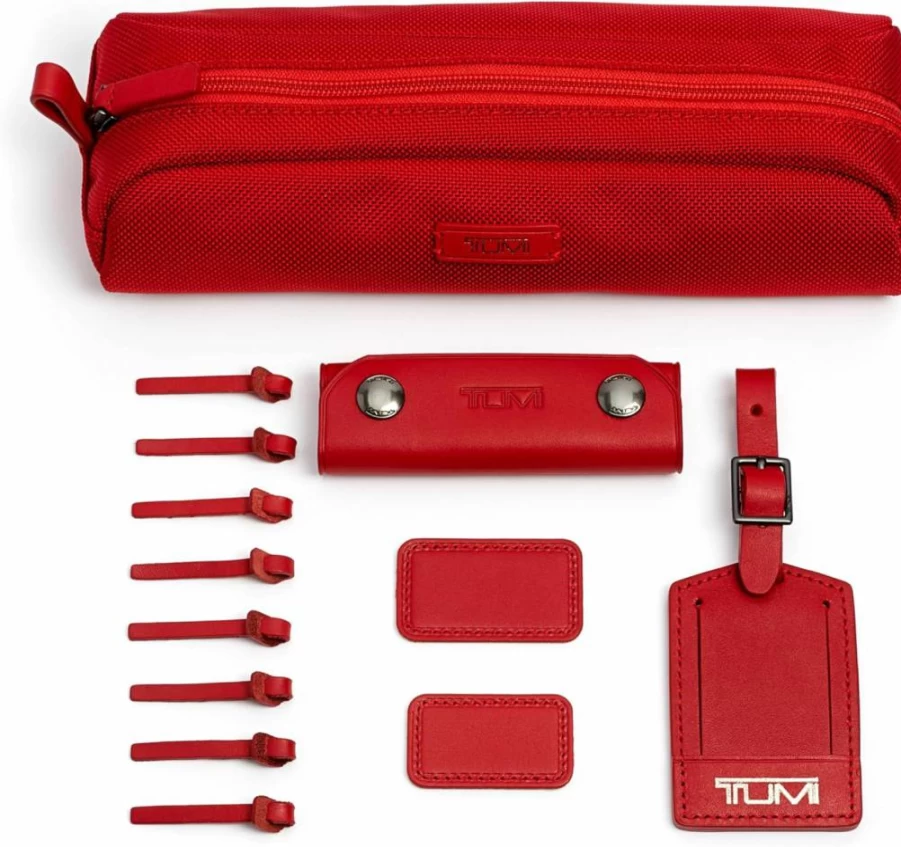 TUMI Leather Travel Accessories Kit - 2 Monogram Patches, Luggage Handle Wrap, Tag & 8 Zipper Pulls - Cherry