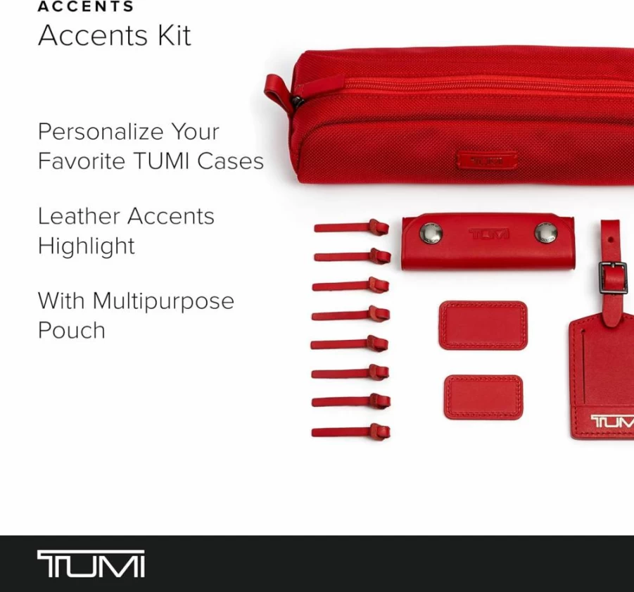 TUMI Leather Travel Accessories Kit - 2 Monogram Patches, Luggage Handle Wrap, Tag & 8 Zipper Pulls - Cherry