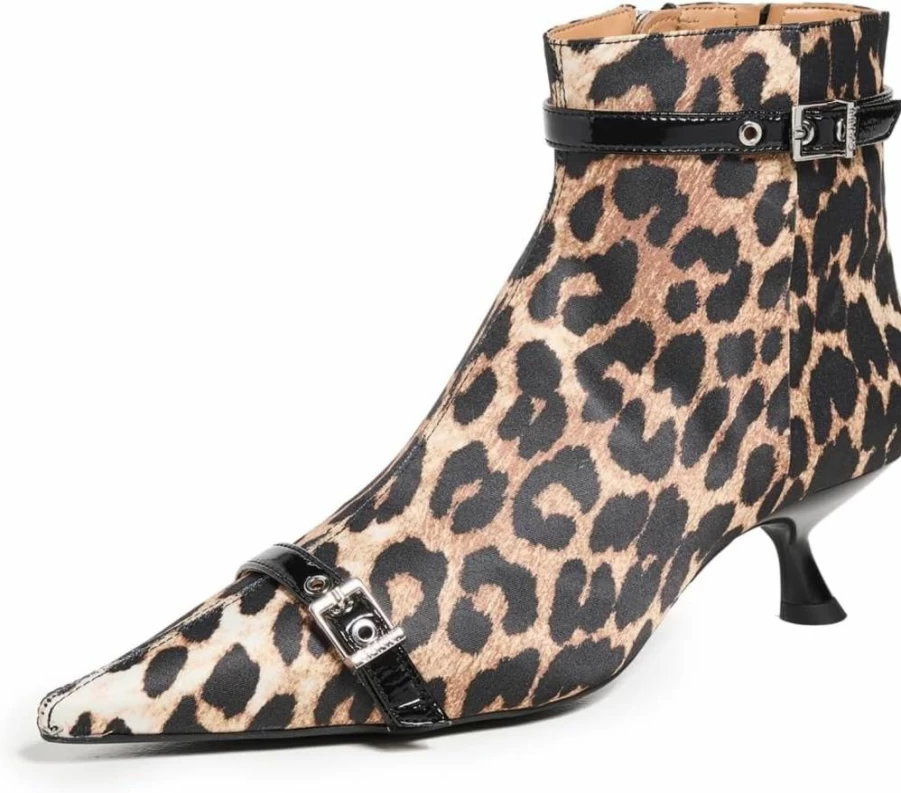 Ganni Women's Satin Print Kitten Heel Boots with Eyelet Detail
