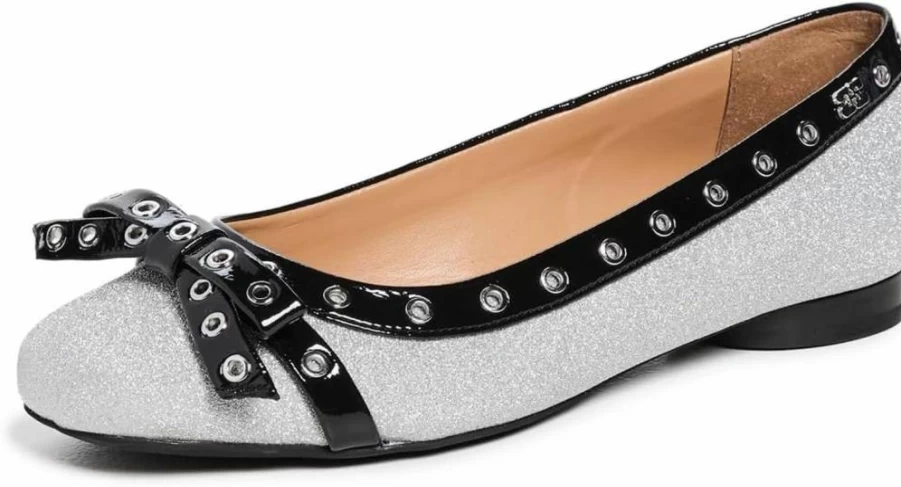 Ganni Women's Bow-Embellished Glitter Ballet Flats with Eyelet Detailing