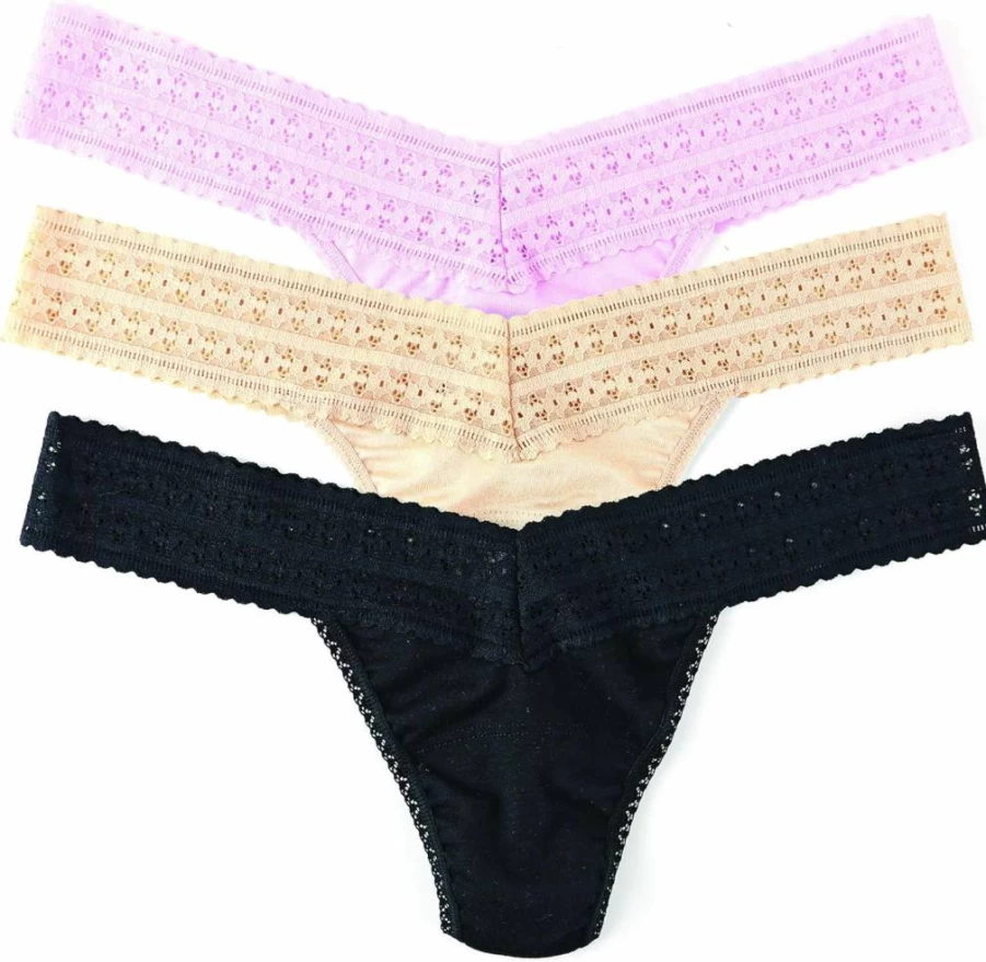 Hanky Panky Women's Low Rise Lace Thong Panties - 3 Pack Eco Cotton Lingerie Underwear, One Size Fits 2-12