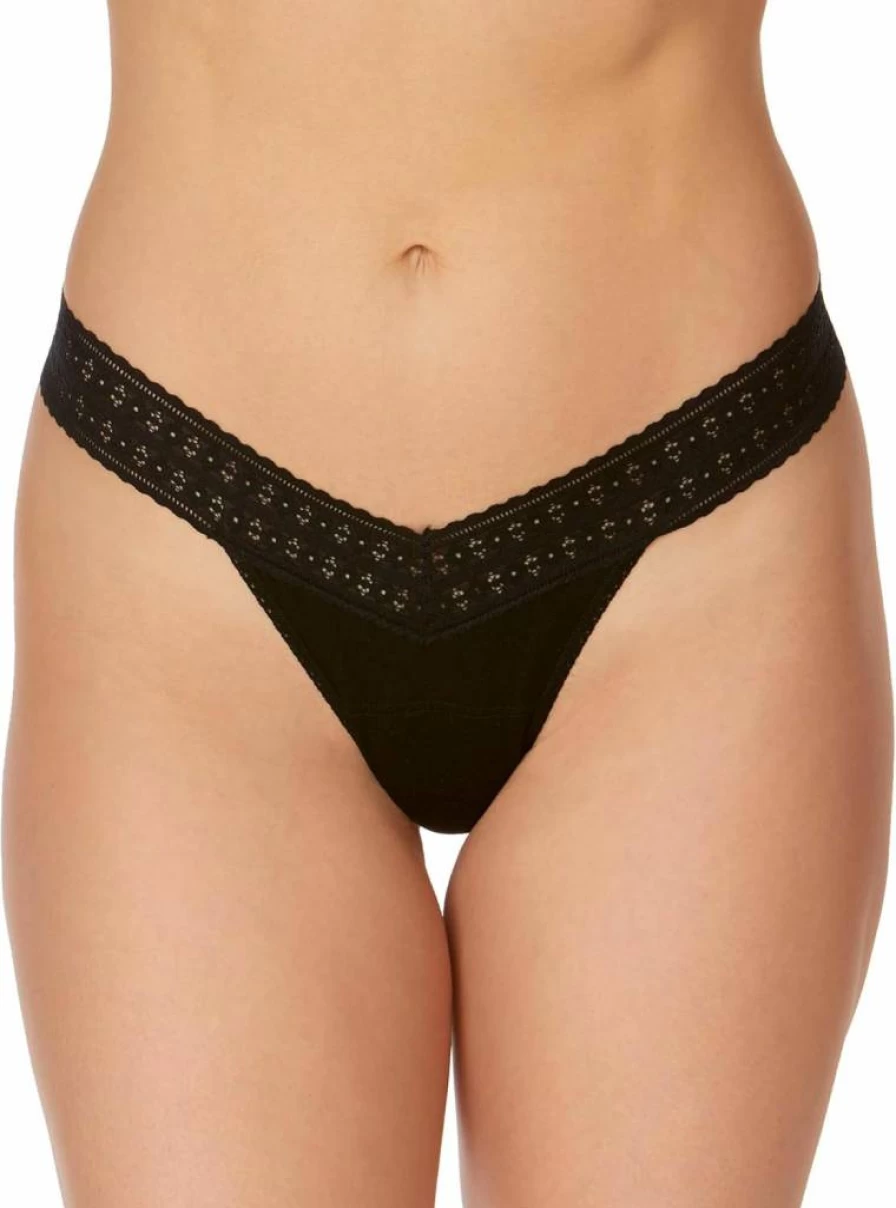 Hanky Panky Women's Low Rise Lace Thong Panties - 3 Pack Eco Cotton Lingerie Underwear, One Size Fits 2-12