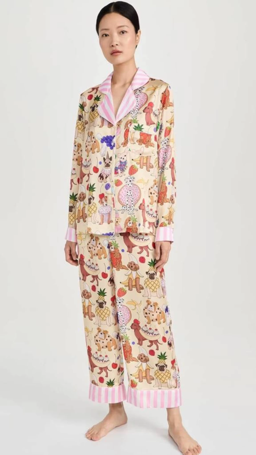 Karen Mabon Women's Dog-Themed Dessert Print Long Sleeve Pajama Set - Cute Animal Sleepwear