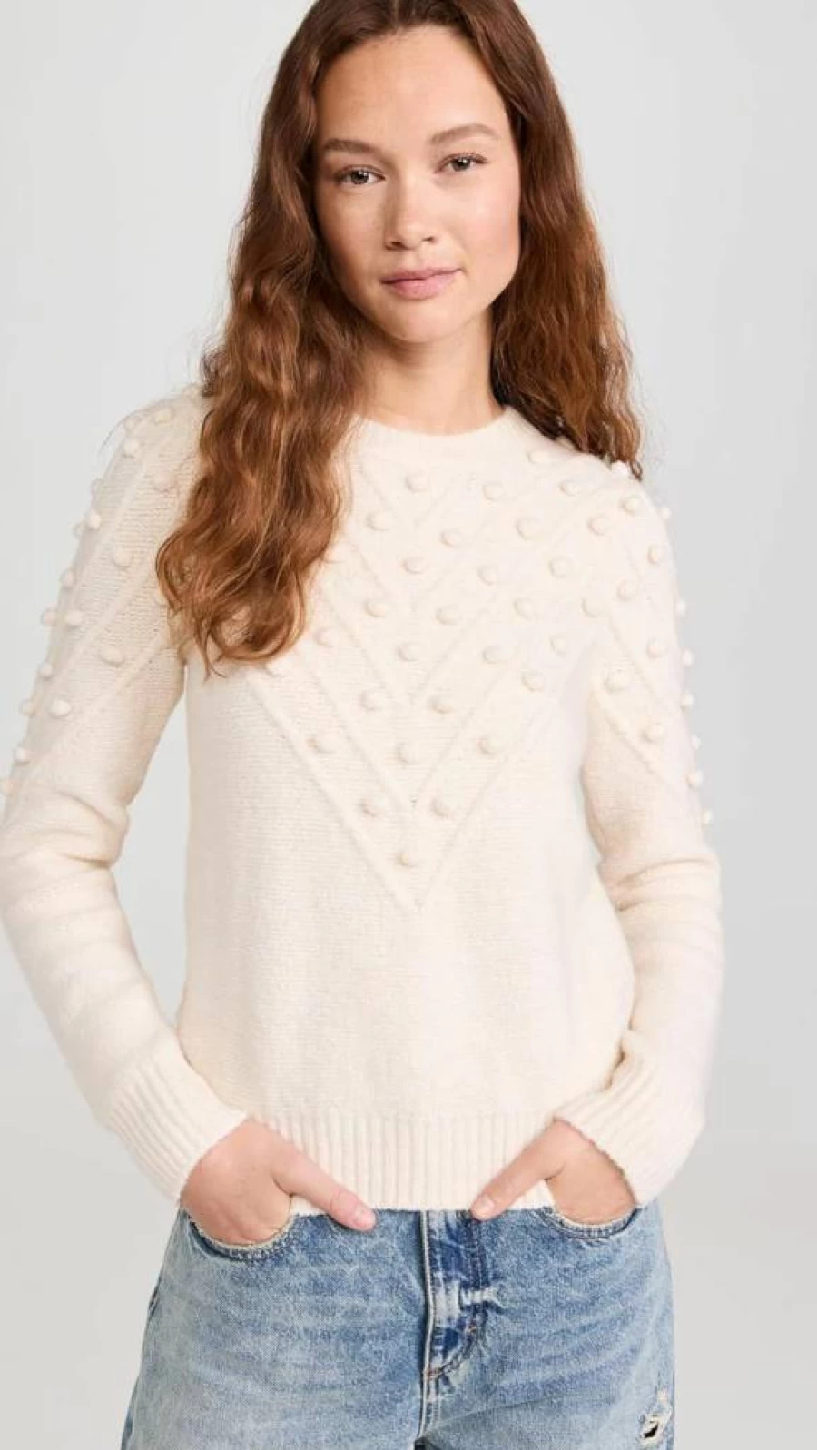 English Factory Women's Chunky Knit Long Sleeve Sweater with Pom Pom Trim - Cozy Winter Pullover