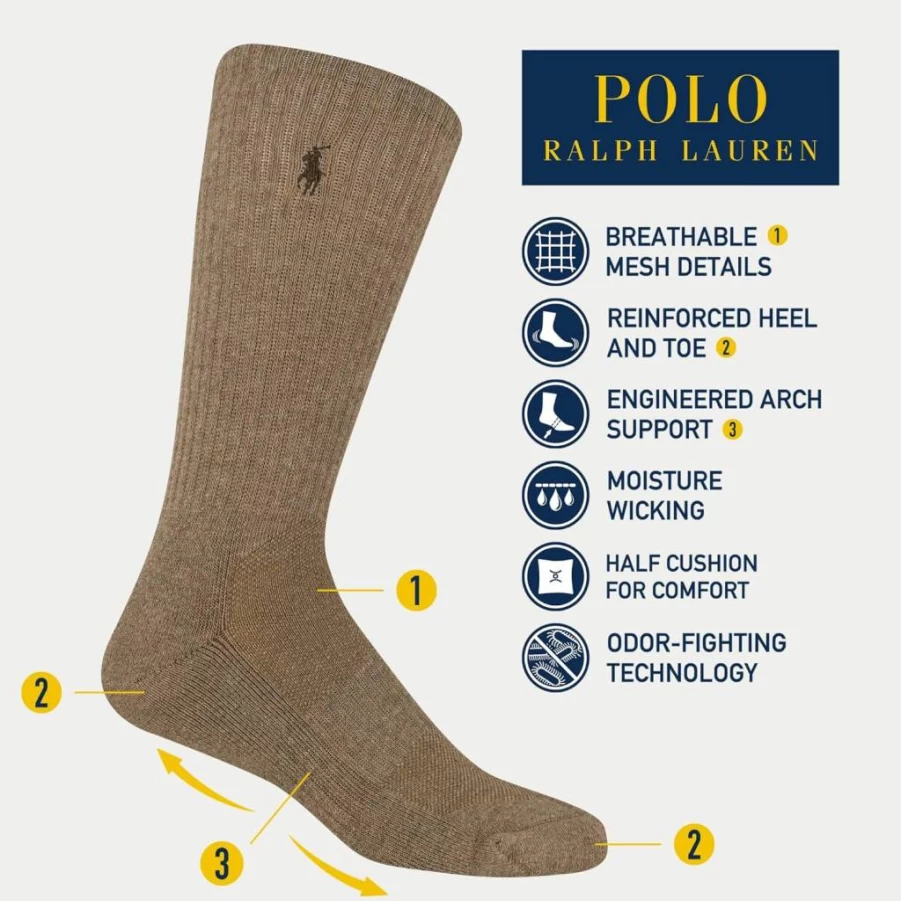 POLO RALPH LAUREN Men's Moisture Wicking Athletic Crew Socks 6-Pack - Breathable Mesh Performance Cotton Socks for Men
