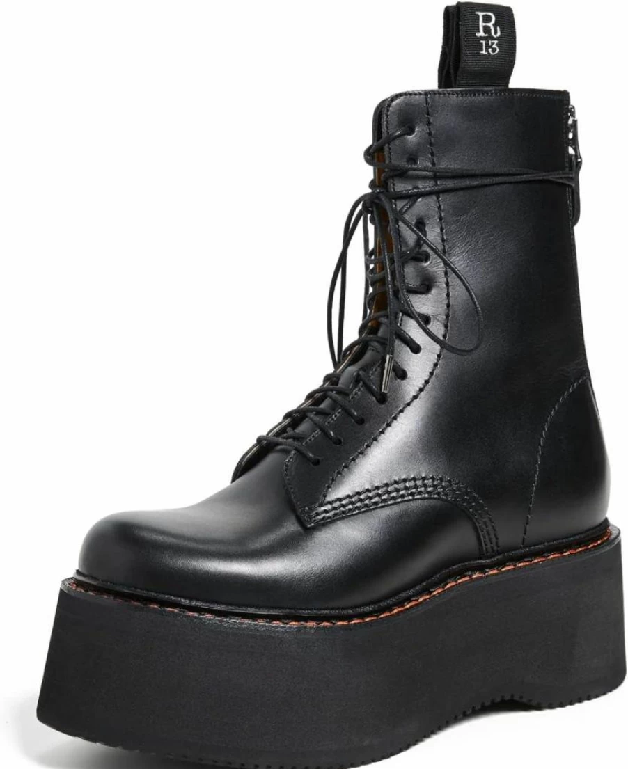 R13 Women's Combat Stack Boots - Chunky Heel Ankle Boots for Women, Edgy Punk Style Lace-Up Booties