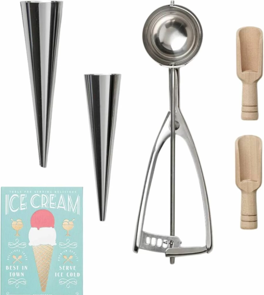 PrintWorks Stainless Steel Ice Cream Scoop with Trigger, Cone Shaper & Wooden Sprinkle Scoops in Book-Style Case – Essential Ice Cream Tools Set