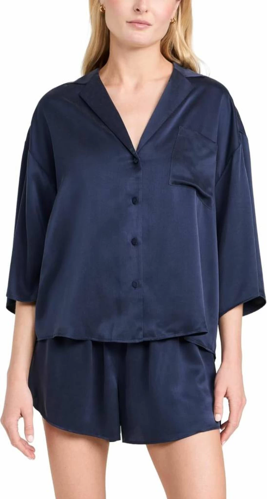 Lunya Women's Washable Silk Relaxed Button-Up Shirt and Shorts Set - Comfortable Sleepwear & Loungewear