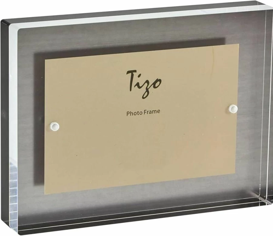 TIZO 4x6 Inch Thick Lucite Block Photo Frame with Black Border - High Quality Acrylic Display for Pictures