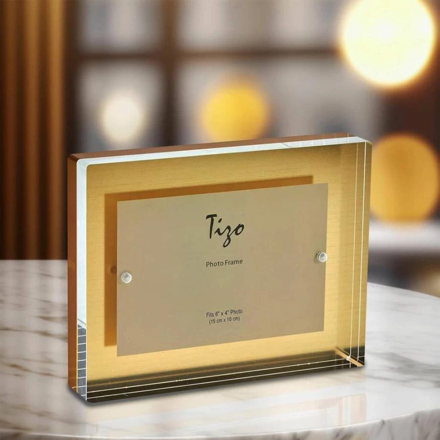 TIZO 4x6 Inch Thick Lucite Block Photo Frame with Black Border - High Quality Acrylic Display for Pictures