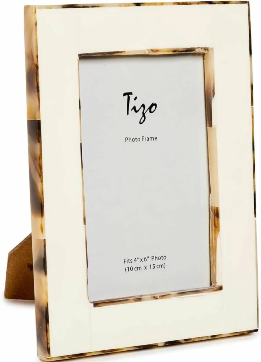 Tizo Design Women's White Bone Resin Picture Frame 4x6 with Faux Horn Border - Elegant Photo Display